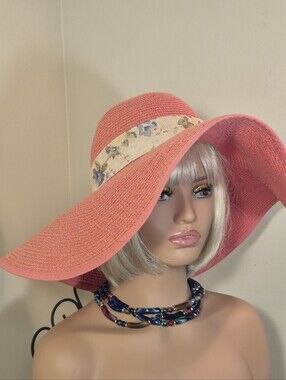 Pretty Extra Large Brim Floppy Sun Hat Straw Pink Bow Beach Travel Resort Summer